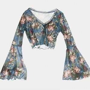 SHEIN Blue Floral Lace Bell Sleeve Blouse